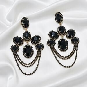 Black Rhinestone Chandelier Drop Earrings Gold Tone Statement